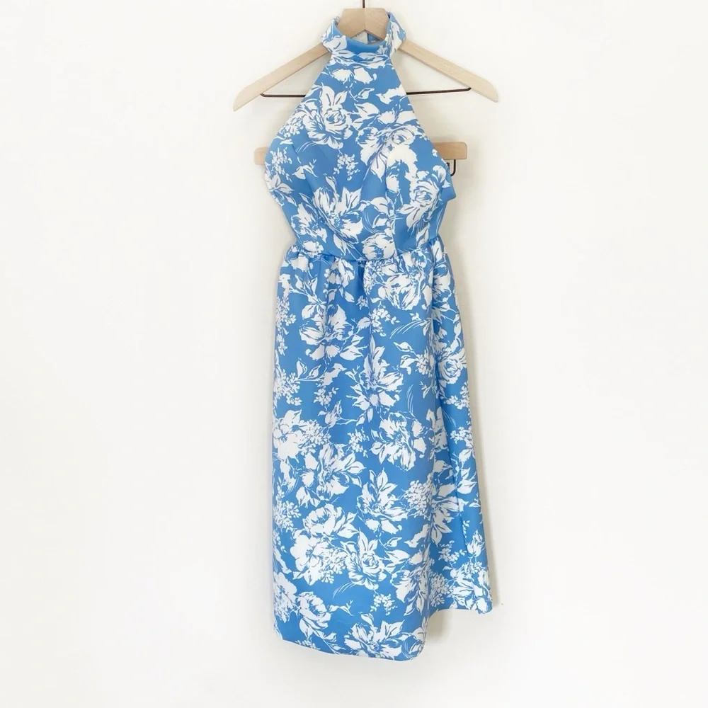NWT ASOS Design Blue & White Floral Halter Midi Skater Fit & Flare Dress size 0 - Picture 5 of 10